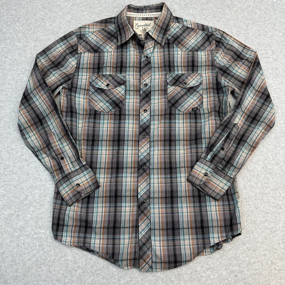 Coastal Western Shirt Mens M Gray Teal Orange Black Plaid Pearl Snap Long Sleeve